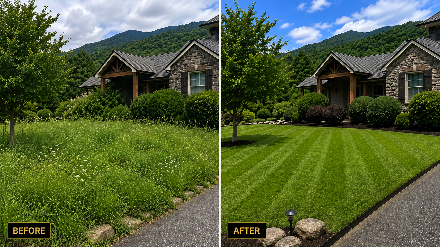 Before and after landscaping transformation at a mountain home